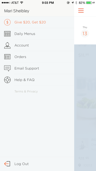 Munchery iPhone custom navigation, drawer navigation, hamburger screenshot